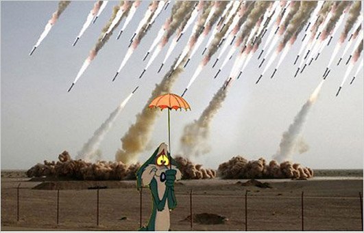Wile E. Coyote under a hail of missiles